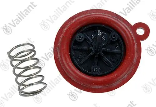 Vaillant Membran mit rot-gelblichem Rand und schwarzer Basis, begleitet von einer Metallfeder. Komponenten scheinen für Heizungs- oder Übergabetechnik zu sein.
